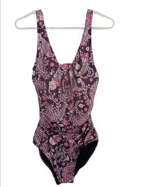 Lands' End Purple One-Piece Swimsuit with Pink & Cream Paisley Slender Grecian S